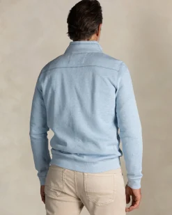 Hellblauer baumwollpullover mit halbem reißverschluss