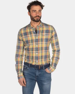 Kariertes Leinenhemd gelb blau rot - Blue Multicolour