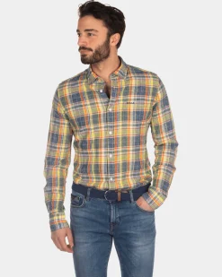 Kariertes Leinenhemd gelb blau rot - Blue Multicolour