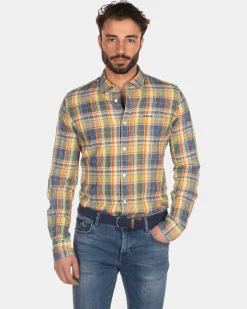 Kariertes Leinenhemd gelb blau rot - Blue Multicolour