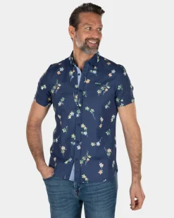 Kurzärmliges Leinen-Baumwollhemd mit Blumendruck - Key Navy