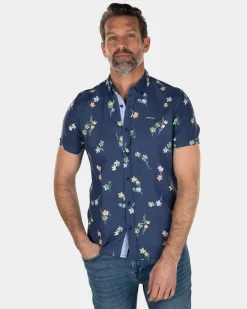 Kurzärmliges Leinen-Baumwollhemd mit Blumendruck - Key Navy
