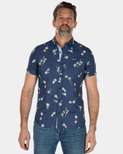 Kurzärmliges Leinen-Baumwollhemd mit Blumendruck - Key Navy