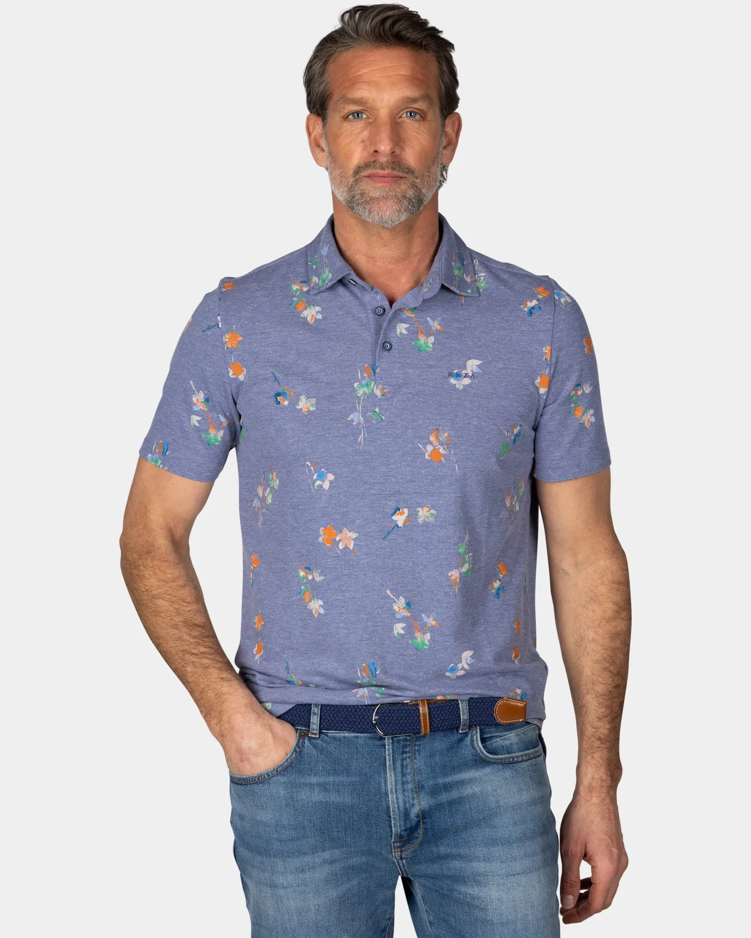 Marineblaues Poloshirt mit Blattmuster