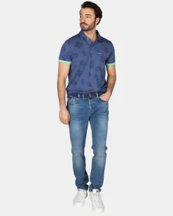 Marineblaues Poloshirt mit Blattmuster