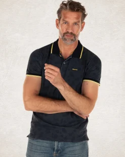 Marineblaues Poloshirt mit Blattdruck