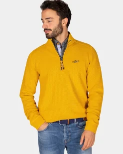 Ockergelber Baumwollsweater mit halbem Reißverschluss - Warm Ocre