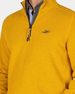 Ockergelber Baumwollsweater mit halbem Reißverschluss - Warm Ocre