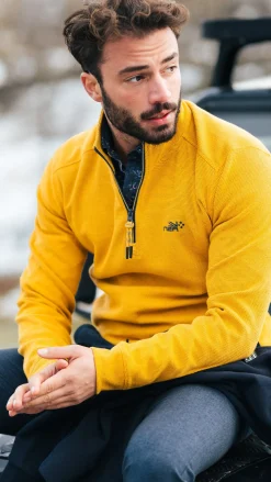 Ockergelber Baumwollsweater mit halbem Reißverschluss - Warm Ocre