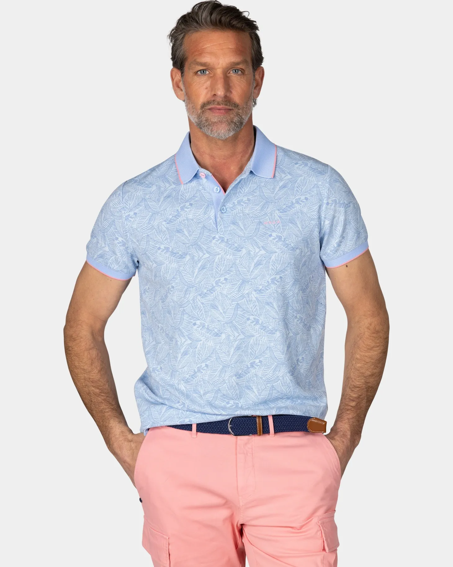 Pastellblaue Polo mit Blattprint