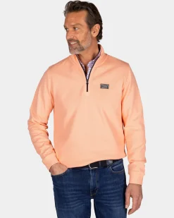 Pfirsichfarbener Pullover mit halbem Reißverschluss