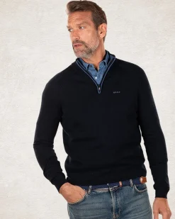Pullover aus Baumwollkaschmir mit halbem Reißverschluss - Charcoal Navy