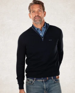 Pullover aus Baumwollkaschmir mit halbem Reißverschluss - Charcoal Navy