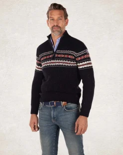 Pullover mit halbem Reißverschluss aus Baumwolle und Wolle - Pitch navy