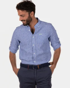 Rotonuiaha gestreiftes Leinenhemd - Chinese Blue