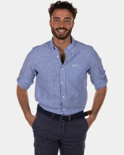 Rotonuiaha gestreiftes Leinenhemd - Chinese Blue