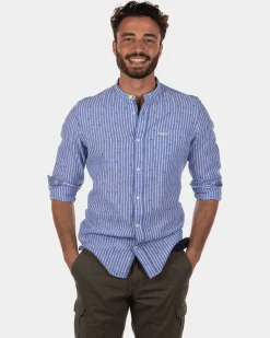 Rotonuiaha gestreiftes Leinenhemd ohne Kragen - Chinese Blue