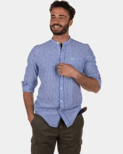 Rotonuiaha gestreiftes Leinenhemd ohne Kragen - Chinese Blue