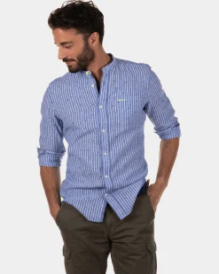 Rotonuiaha gestreiftes Leinenhemd ohne Kragen - Chinese Blue