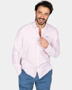 Weißes Leinenhemd mit hellorangefarbenem Streifen